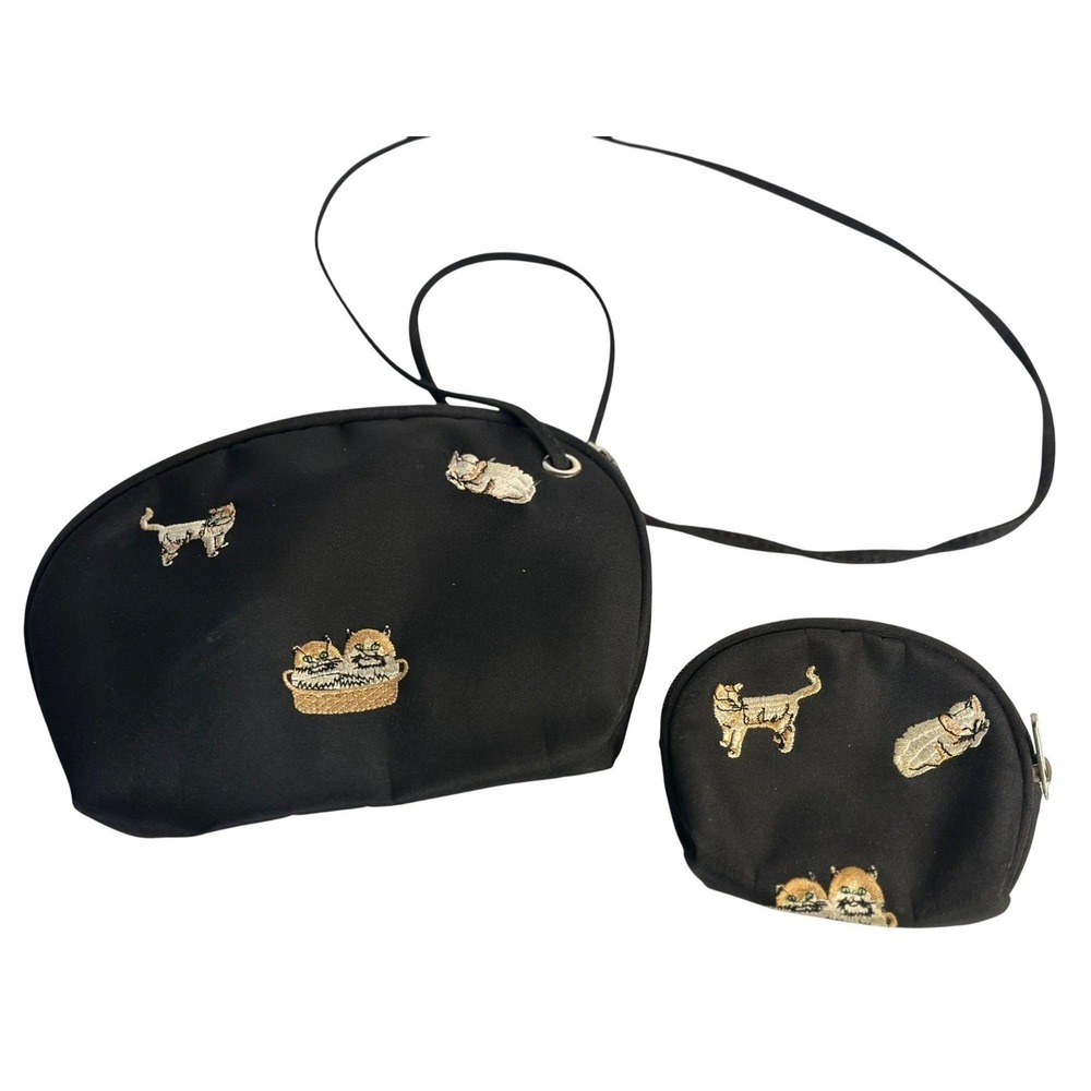VTG Crossbody Bag Black Embroidered Cat Kitten Pouch Coin Purse Set